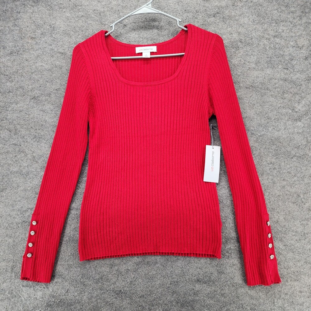 Liz Claiborne Shirt Womens Small Long Sleeve Red Ribbed Square Neck
